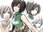  bare_shoulders black_eyes brown_hair character_sheet determined expressions final_fantasy final_fantasy_vii green_shirt highres kuzumin light_smile midriff open_mouth ribbed_sweater shirt short_hair shorts simple_background sketch sleeveless sleeveless_turtleneck sweater turtleneck white_background yuffie_kisaragi 