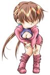  bent_over boots breasts brown_hair chibi cleavage cleavage_cutout cropped_jacket hair_over_eyes hands_on_own_knees highres knee_boots large_breasts leotard long_hair miniskirt shermie shyue skirt solo split_ponytail the_king_of_fighters twintails 