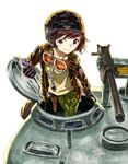  akiyama_yukari bangs brown_eyes brown_hair browning_m1919 color_ink_(medium) cosplay dog_tags girls_und_panzer gloves goggles ground_vehicle gun helmet highres holster iron_cross jacket kelly's_heroes m4_sherman machine_gun medal medium_tank messy_hair microphone military military_uniform military_vehicle missacula motor_vehicle sergeant_oddball short_hair smile solo tank traditional_media uniform weapon 