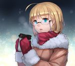 ahoge airbrush_(medium) bad_id bad_pixiv_id blonde_hair blue_eyes cup deneb_(noble324) glasses holding lips mittens original red_scarf scarf short_hair solo upper_body 