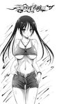  arino_hiroshi bare_shoulders blush bracelet breasts cleavage collarbone covered_nipples cross cross_necklace greyscale groin jewelry large_breasts long_hair midriff monochrome navel necklace original parted_lips shorts solo tank_top twintails unbuttoned underboob unzipped 