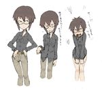  anger_vein angry bad_id bad_pixiv_id belt belt_removed blush bottomless brown_hair glasses kusada megane-san_(kusada) multiple_views original pants progression shirt shirt_tug short_hair translation_request undressing untucked_shirt 