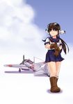  brown_eyes brown_hair cloud clouds gloves goggles hat long_hair looking_up original ribbon_bow school_uniform sky solo tokihama_jirou uniform walking 