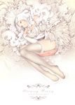  bare_shoulders breasts collarbone detached_sleeves dress english garter_straps large_breasts long_hair lying mirunai on_side original panties solo thighhighs underwear white_background white_hair white_legwear white_panties 
