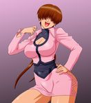  breasts brown_hair cleavage cleavage_cutout contrapposto cropped_jacket earrings hair_over_eyes hand_on_hip highres jewelry large_breasts laughing leotard long_hair makani_kohitujito miniskirt open_mouth shermie skirt solo split_ponytail standing the_king_of_fighters twintails 