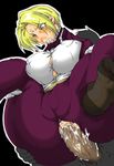  anal bared_teeth blonde_hair blue_eyes blush bow bowtie breasts bursting_breasts clothed_sex covered_nipples cum cum_in_ass formal huge_breasts ippatute-kinta jacket king_(snk) no_bra no_shoes open_clothes open_jacket overflow pant_suit penis pussy_juice sash sex shirt short_hair straddling suit tears the_king_of_fighters upright_straddle 