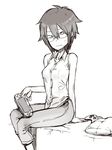  arm_support bare_shoulders capri_pants controller game_console game_controller gamepad glasses handheld_game_console kusada megane-san_(kusada) monochrome original pants playstation_portable short_hair sitting solo sweat xbox_360 