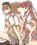  back-to-back bad_id bad_pixiv_id eye_contact highres holding_hands long_hair looking_at_another misaka_imouto misaka_mikoto multiple_girls school_uniform shirai_kuroko short_hair simple_background smile to_aru_kagaku_no_railgun to_aru_majutsu_no_index very_long_hair white_background yuuyu_(777) 