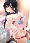  amasora_taichi ass bed black_hair blush buruma buruma_pull curtains gym_uniform long_hair original pillow pulled_by_self red_eyes solo wet 