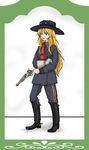  american_civil_war blonde_hair boots colt_1861_navy ernest george_armstrong_custer gloves green_eyes gun handgun hat holding holding_gun holding_weapon hoshii_miki idolmaster idolmaster_(classic) long_hair military military_uniform neckerchief revolver single_glove solo spurs uniform weapon 