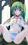  blue_eyes blue_panties blush bow bow_panties breasts chain collar daiyousei fujishiro_emyu green_hair large_breasts long_hair navel open_clothes open_shirt panties shirt side_ponytail solo spread_legs striped striped_panties tears touhou underwear wings 