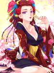  breasts collarbone copyright_name eyeshadow floral_print flower hair_flower hair_ornament hair_stick japanese_clothes junketsu_duelion large_breasts lips makeup official_art onodera_yuugiri purple_eyes red_hair sitting solo takatsuki_kahiro translated watermark 