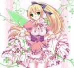  alternate_costume blonde_hair blush bow braid breasts cleavage dress elf fairy_wings frills green_eyes green_wings hair_bow hinapo large_breasts leafa long_hair long_ponytail pointy_ears ponytail smile solo sword_art_online thighhighs twin_braids very_long_hair white_legwear wings 