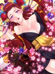  blush breasts collarbone copyright_name eyeshadow floral_print flower hair_flower hair_ornament hair_stick japanese_clothes junketsu_duelion large_breasts lips looking_at_viewer lying makeup nail_polish official_art on_back onodera_yuugiri purple_eyes red_hair solo takatsuki_kahiro translated watermark 