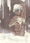  abs absurdres bad_id bad_pixiv_id bathing copyright_request cum cum_bath dark_skin dark_skinned_male highres male_focus muscle penis red_eyes ringed_eyes silver_hair solo veins veiny_penis wrong 