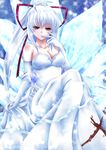  ahoge albino amane_(zmc) bad_id bad_pixiv_id blood breasts cross dress elbow_gloves freudia_neuwahl gloves hair_ribbon ice large_breasts long_hair ponytail red_eyes ribbon rosenkreuzstilette silver_hair solo white white_dress 