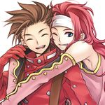  blue_eyes brown_hair closed_eyes gloves grin headband iwatsuki lloyd_irving long_hair looking_at_viewer lowres male_focus multiple_boys one_eye_closed open_mouth red_hair red_shirt shirt smile tales_of_(series) tales_of_symphonia teeth zelos_wilder 
