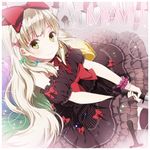  bad_id bad_pixiv_id blonde_hair bow character_name dress green_eyes hair_bow holding knife long_hair looking_at_viewer mayu_(vocaloid) sitting smile solo vocaloid wogura 