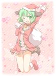  adapted_costume animal_ears arm_up bag bell bell_collar boots collar fang green_eyes green_hair hat highres jumping kasodani_kyouko long_sleeves one_eye_closed open_mouth over_shoulder red_footwear santa_boots santa_hat shino_megumi shirt short_hair skirt smile solo star tail touhou 