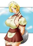  arms_behind_back blonde_hair blue_eyes breasts earrings fatal_fury garter_straps huge_breasts ippatute-kinta jewelry king_(snk) maid_headdress muscle short_hair sideboob solo the_king_of_fighters thick_thighs thighhighs thighs tray waitress 