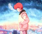  80s breath cityscape godai_yuusaku hands_in_pockets jacket maison_ikkoku male_focus night night_sky oldschool red_hair sky solo star_(sky) starry_sky ura_suji walking winter 