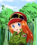  1girl 80s :p blue_eyes child hat kikou_souseiki_mospeada long_hair looking_at_viewer marimon_m mint_labule oldschool red_hair sky smile solo tongue tongue_out tree 