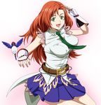  belt bird chika_(srw) cliana_rimskaya fingerless_gloves gloves green_eyes hair_ornament hairclip kuwashima_houko long_hair necktie open_mouth orange_hair ribonzu salute seiyuu_connection skirt smile solo super_robot_wars super_robot_wars_destiny super_robot_wars_original_generation super_robot_wars_the_lord_of_elemental the_2nd_super_robot_wars_og 