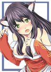  ahri animal_ears bare_shoulders black_hair breasts cleavage detached_sleeves facial_mark fang fox_ears green_eyes large_breasts league_of_legends long_hair looking_at_viewer mashua open_mouth solo whisker_markings 