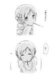  bad_id bad_pixiv_id bare_shoulders blush collarbone drill_hair food greyscale hair_ornament heart looking_at_viewer mahou_shoujo_madoka_magica monochrome mouth_hold pocky sketch speech_bubble tomoe_mami translated twin_drills twintails white_background yoshinogai 