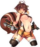  ahoge animal_ears arched_back ass_visible_through_thighs blazblue breasts brown_eyes brown_hair fingerless_gloves gloves large_breasts makoto_nanaya midriff navel open_mouth orange_skirt revealing_clothes skirt solo squirrel_ears squirrel_tail tail tama1130 thighhighs tonfa underboob weapon zettai_ryouiki 