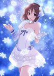  :d bad_id bad_pixiv_id blush brown_eyes brown_hair collarbone dress gloves hagiwara_yukiho hair_ornament highres idolmaster idolmaster_(classic) kawai_fuguri looking_at_viewer open_mouth short_hair single_glove smile snowflake_hair_ornament snowflake_liliput snowflakes solo white_gloves 