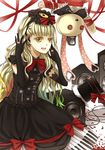  axe blonde_hair dress earrings gloves gold_eyes jewelry long_hair mayu microphone ribbon ring solo speaker string stuffed_animal stuffed_bunny stuffed_rabbit stuffed_toy vocaloid weapon weapons wire wires yellow_eyes 
