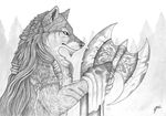  armlet axe braids canine hair long_hair male mammal monochrome qzurr scar solo weapon wolf 
