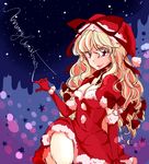  alternate_costume blonde_hair breasts cleavage elbow_gloves gloves hat komaku_juushoku long_hair medium_breasts purple_eyes red_gloves red_skirt santa_costume santa_hat skirt smile solo touhou yakumo_yukari 