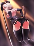  animal_ears ass ass_grab bare_shoulders black_legwear blush breasts brown_eyes elbow_gloves from_behind gloves grabbing_own_ass hat huberta_von_bonin large_breasts leotard pole pole_dancing short_hair silver_hair solo stripper_pole tail thighhighs ulrich_(tagaragakuin) world_witches_series 