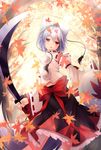  :&lt; absurdres animal_ears autumn_leaves bad_id bad_pixiv_id blush chestnut_mouth detached_sleeves hat head_tilt highres holding inubashiri_momiji leaf maple_leaf mushroom_(artist) pom_pom_(clothes) red_eyes shield short_hair skirt solo sword tail tokin_hat touhou weapon white_hair wolf_ears wolf_tail 