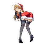  1girl ass bent_over black_legwear blue_eyes christmas costume hand_to_mouth hand_to_own_mouth high_heels ikkitousen looking_back orange_hair santa_costume shiny shiny_clothes simple_background solo sonsaku_hakufu 