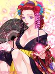  breasts collarbone copyright_name eyeshadow fan floral_print flower folding_fan hair_flower hair_ornament hair_stick holding japanese_clothes junketsu_duelion large_breasts lips looking_at_viewer makeup nail_polish official_art onodera_yuugiri purple_eyes red_hair sitting solo takatsuki_kahiro translated watermark 