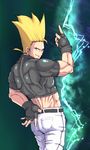  ahoge big_hair blue_eyes crop_top earrings fingerless_gloves from_behind gloves jewelry lightning male_focus muscle nikaidou_benimaru shiny shiny_clothes snapping_fingers solo spiked_hair the_king_of_fighters ura_suji 