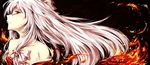  absurdres bare_shoulders collarbone fire flame fujiwara_no_mokou hair_ribbon highres japanese_clothes kimono litsvn long_hair profile red_eyes ribbon sideways_glance silver_hair solo touhou tress_ribbon 