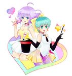  2girls 80s ahoge blue_eyes breasts cleavage creamy_mami crossover dress gloves green_hair hair_ribbon happy hat heart kazuki_mai kusayusaai looking_at_viewer magical_emi magical_girl magician mahou_no_star_magical_emi mahou_no_tenshi_creamy_mami microphone morisawa_yuu multiple_girls oldschool pantyhose purple_hair ribbon short_hair simple_background skirt smile star stars wand white_background zw1990 