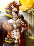  anthro belt biceps black_nose blue_eyes bracelet brown_fur canine cape chirenbo clothed clothing flexing fur half-dressed jewelry male mammal muscles nipples pants pecs pose solo toned topless white_fur 