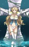  1girl a-na absurdres blonde_hair breasts choker clalaclan_philias cleavage crown earrings green_eyes highres jewelry large_breasts panties princess prisoner restrained sega shining_(series) shining_wind torn_clothes underwear 