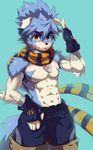  anthro biceps black_nose blue_fur blue_hair canine chest_tuft clothed clothing fur gloves hair half-dressed male mammal muscles open_mouth pecs personawolf pose scar scarf shorts solo standing toned topless tuft white_fur yellow_eyes young 