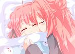  ^_^ ahoge akaza_akane akaza_akari cheek_kiss closed_eyes double_bun hair_ribbon kagerou_(kers) kiss multiple_girls pink_hair ribbon siblings sisters sleeping upper_body yuru_yuri 