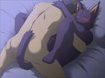  blush cat censored duo erection eyes_closed feline fur gay hiroyuki human lying male mammal masturbation missionary_position morenatsu nude on_back penis plantigrade purple_fur sex shin shin_kuroi toes 