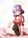  barefoot breasts chamupei cleavage hair_ornament hand_on_own_stomach highres large_breasts on_bed pregnant purple_hair short_hair smile solo touhou yasaka_kanako yellow_eyes 