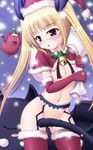  :o bat bell blazblue blonde_hair blush capelet cat collarbone elbow_gloves garter_belt gii gloves groin hat holding long_hair naoki_(endofcentury102) navel no_panties rachel_alucard red_gloves red_legwear sack santa_hat thighhighs twintails 