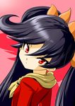 absurdres ashley_(warioware) bangs big_hair black_hair chenge-getter closed_mouth commentary_request dress flat_chest from_behind hair_between_eyes hairband highres long_hair looking_at_viewer looking_back neckerchief orange_hairband pink_background red_dress red_eyes shadow shaft_look solo tsurime twintails upper_body very_long_hair warioware yellow_neckwear 