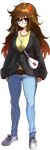  bag belt between_breasts black-framed_eyewear bow breasts brown_eyes brown_hair buttons curvy denim fate/extra fate/extra_ccc fate_(series) full_body glasses hair_between_eyes hair_ribbon handbag heart jeans jinako_carigiri large_breasts long_hair messy_hair official_art over_shoulder pants ribbon shirt shoes sneakers solo strap_cleavage sweater t-shirt thick_thighs thighs transparent_background unbuttoned wada_aruko wide_hips 
